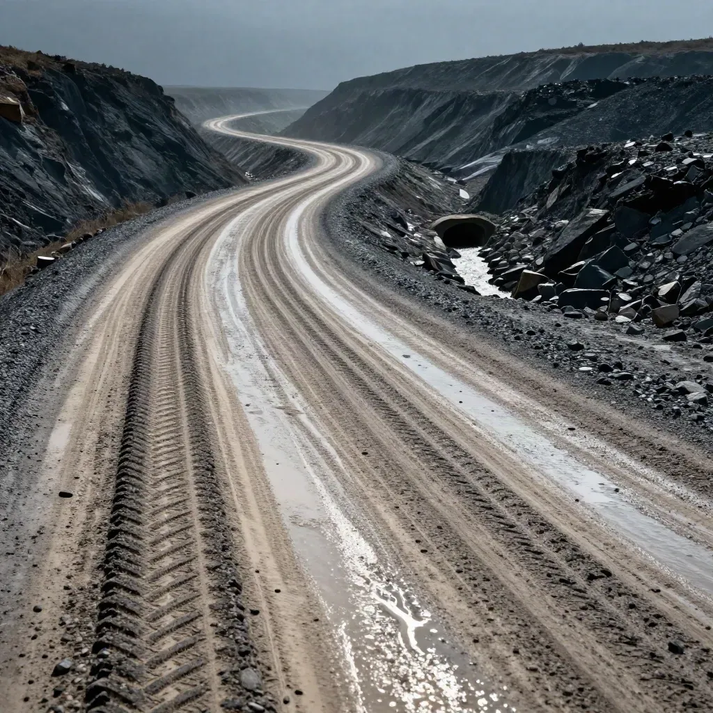Rain-swept haul road curves through mist, crowned gravel and deep ruts holding shape.