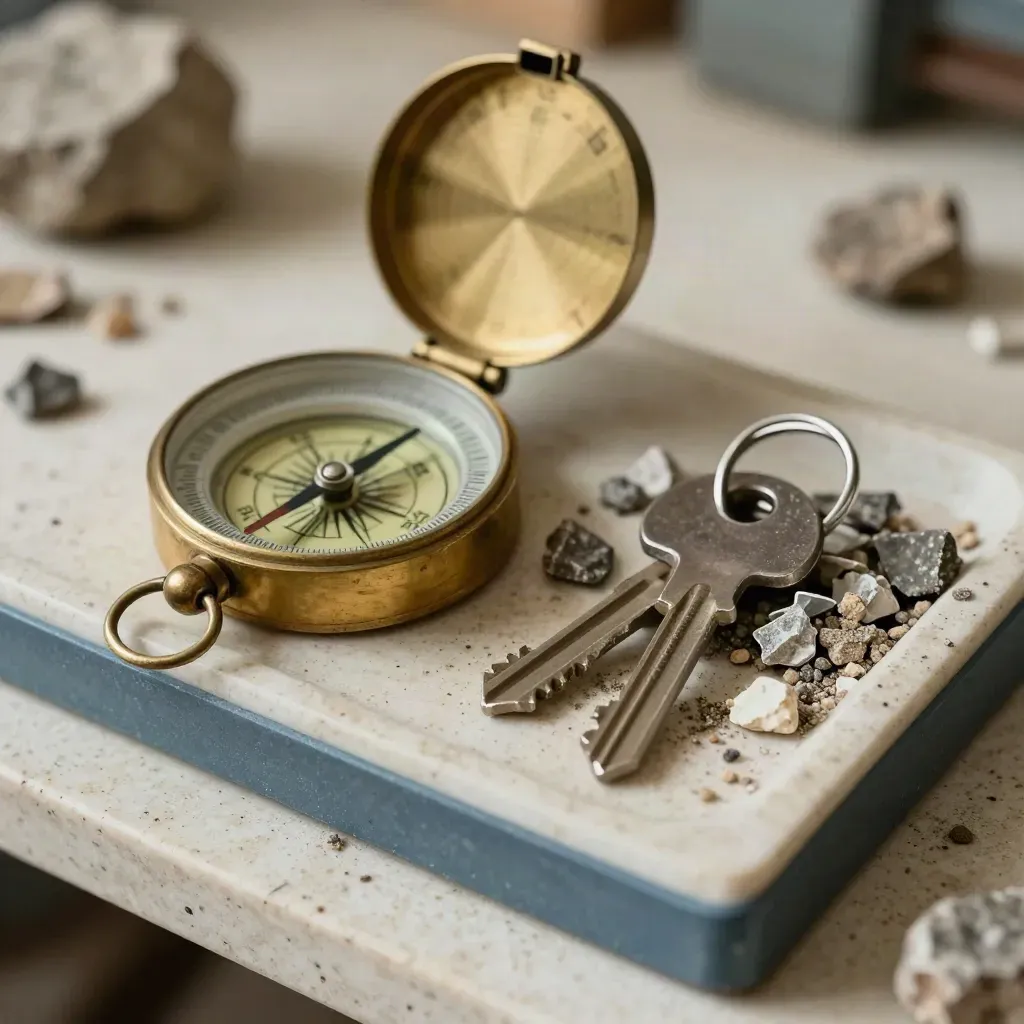 Brass survey compass beside rock chips and site keys on travertine