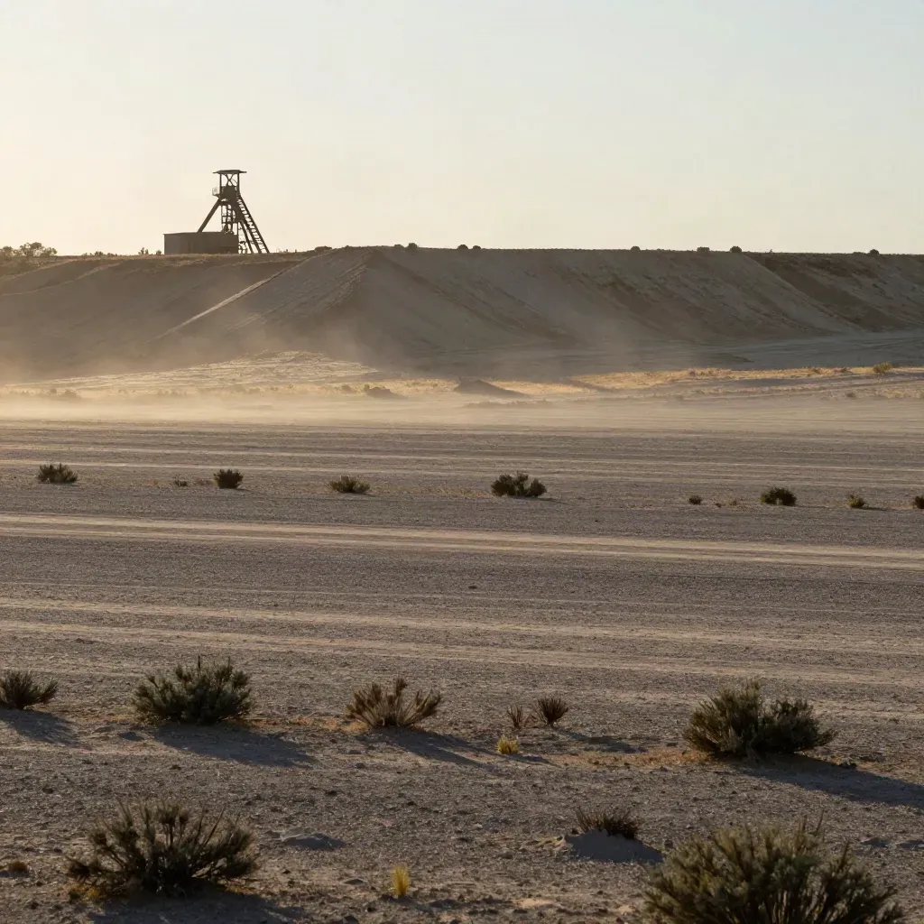 Goldfields mine headframe above tailings and saltbush plain in warm dusty light